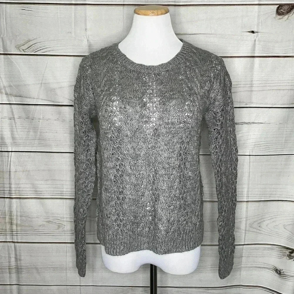 Aeropostale Sweater‎ Womens Size S Gray Pointelle Knit Long Sleeve Crew Neck